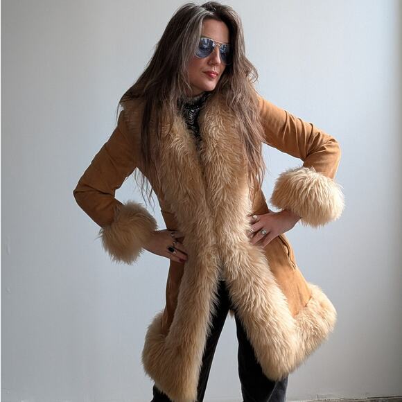 Vintage Jackets & Blazers - Vintage Tan Brown Suede Penny Lane Jacket Fur Furry Leather Trench Coat Small
